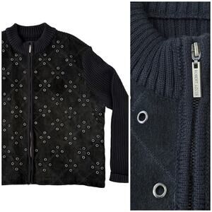 VTG Robert Louis Grommet Suede Knit Jacket Womens 2X Black Ramie Y2K Biker